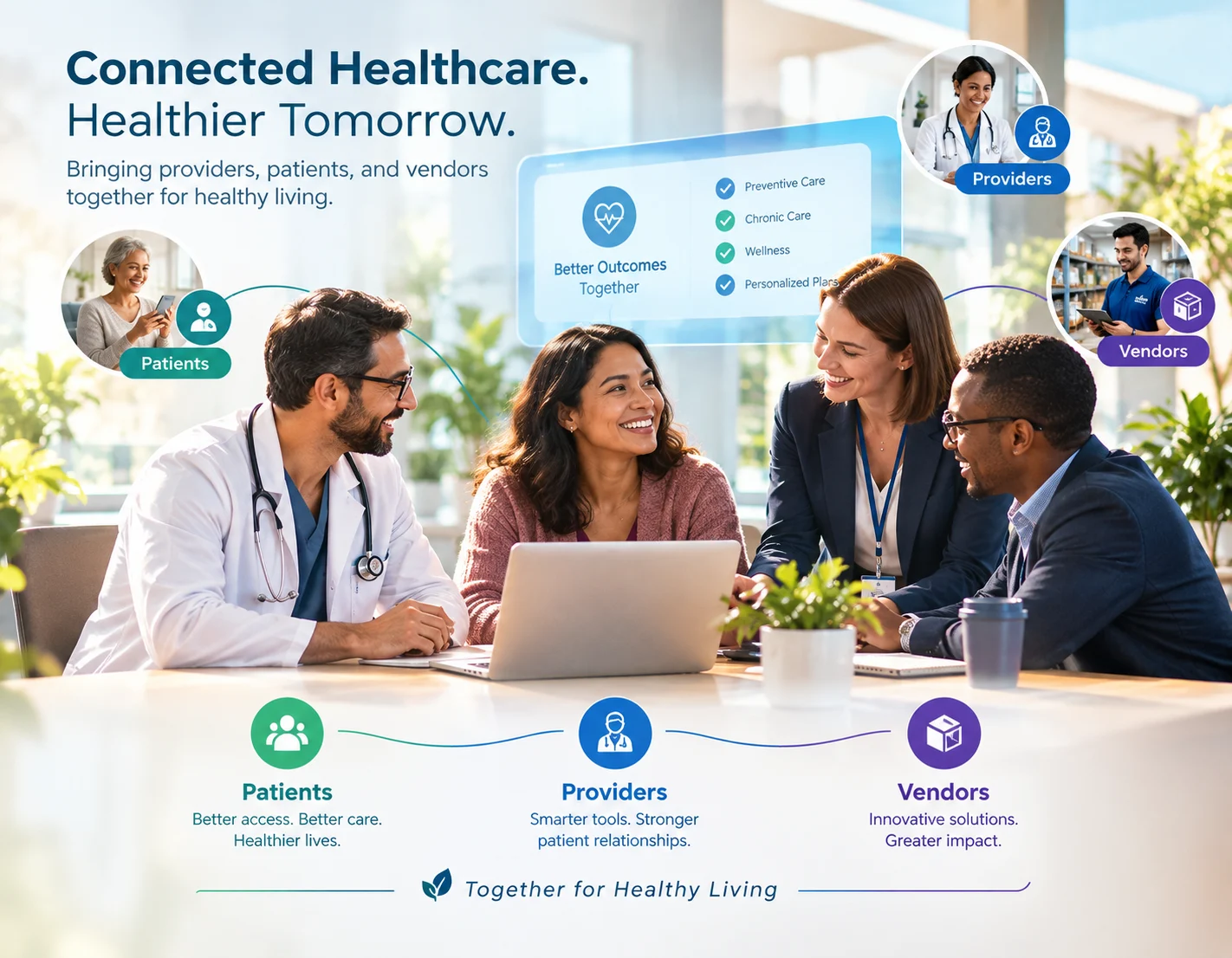 Connected healthcare, healthier tomorrow: a clinician, a patient and two colleagues talking around a laptop, linked to labels for patients, providers and vendors — better access and care, smarter tools, innovative solutions.
